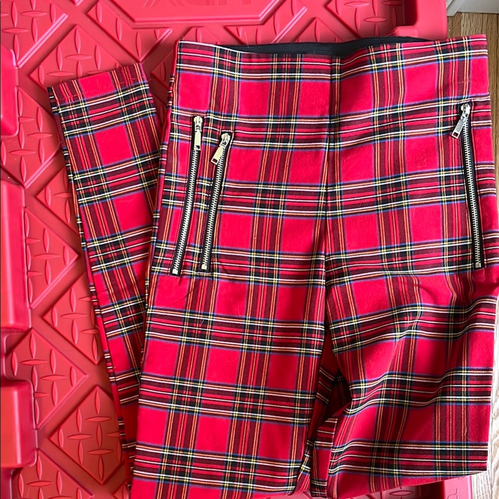 Zara Red Plaid Tartan Pants with Zipper Accents, XS